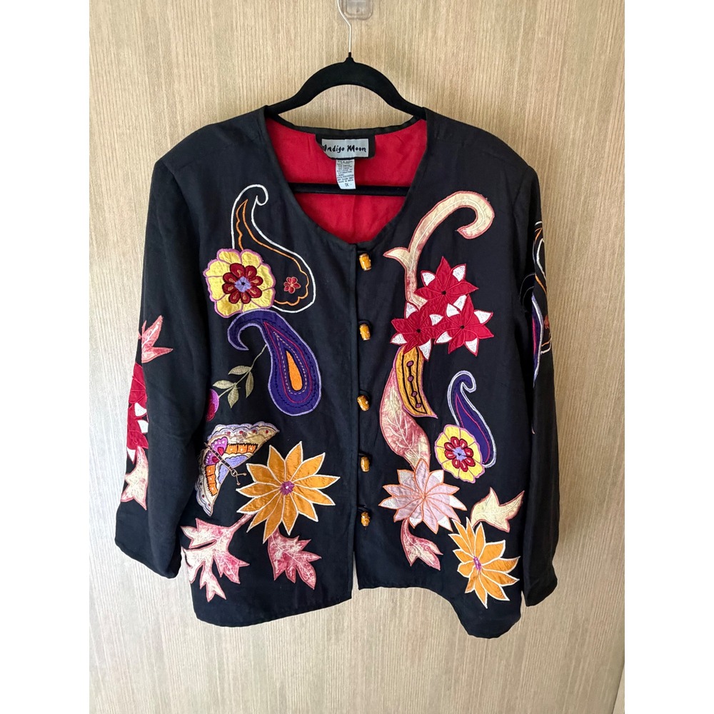 Indigo Moon Embroidered Jacket Women 1X Black Floral Paisley Rayon Linen Blend